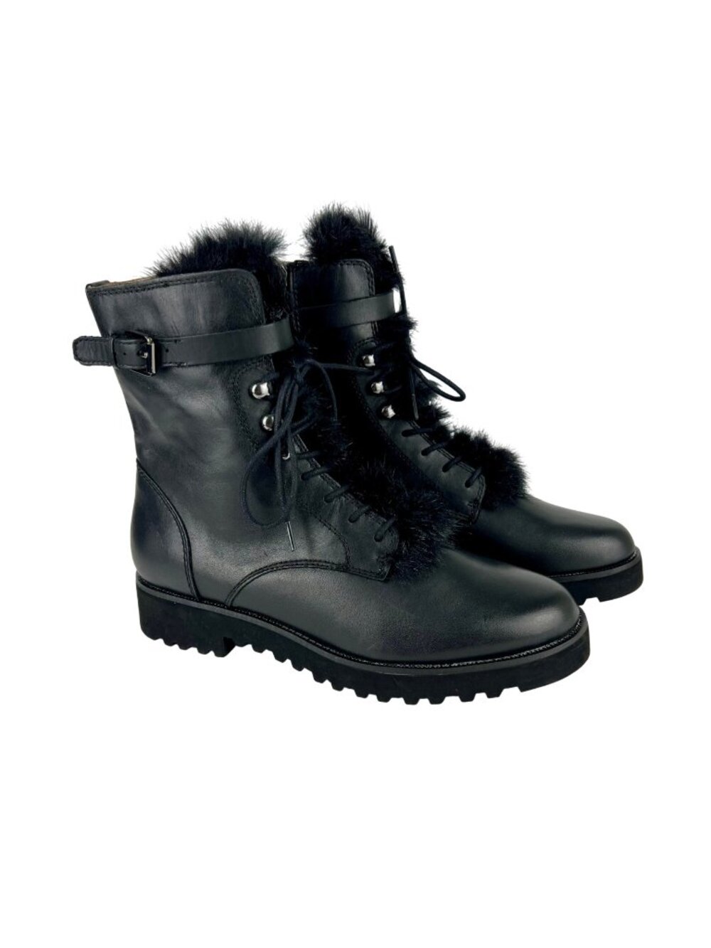 Franco Sarto Womens Canon Black Leather Combat Boots Faux Fur Waterproof size 7